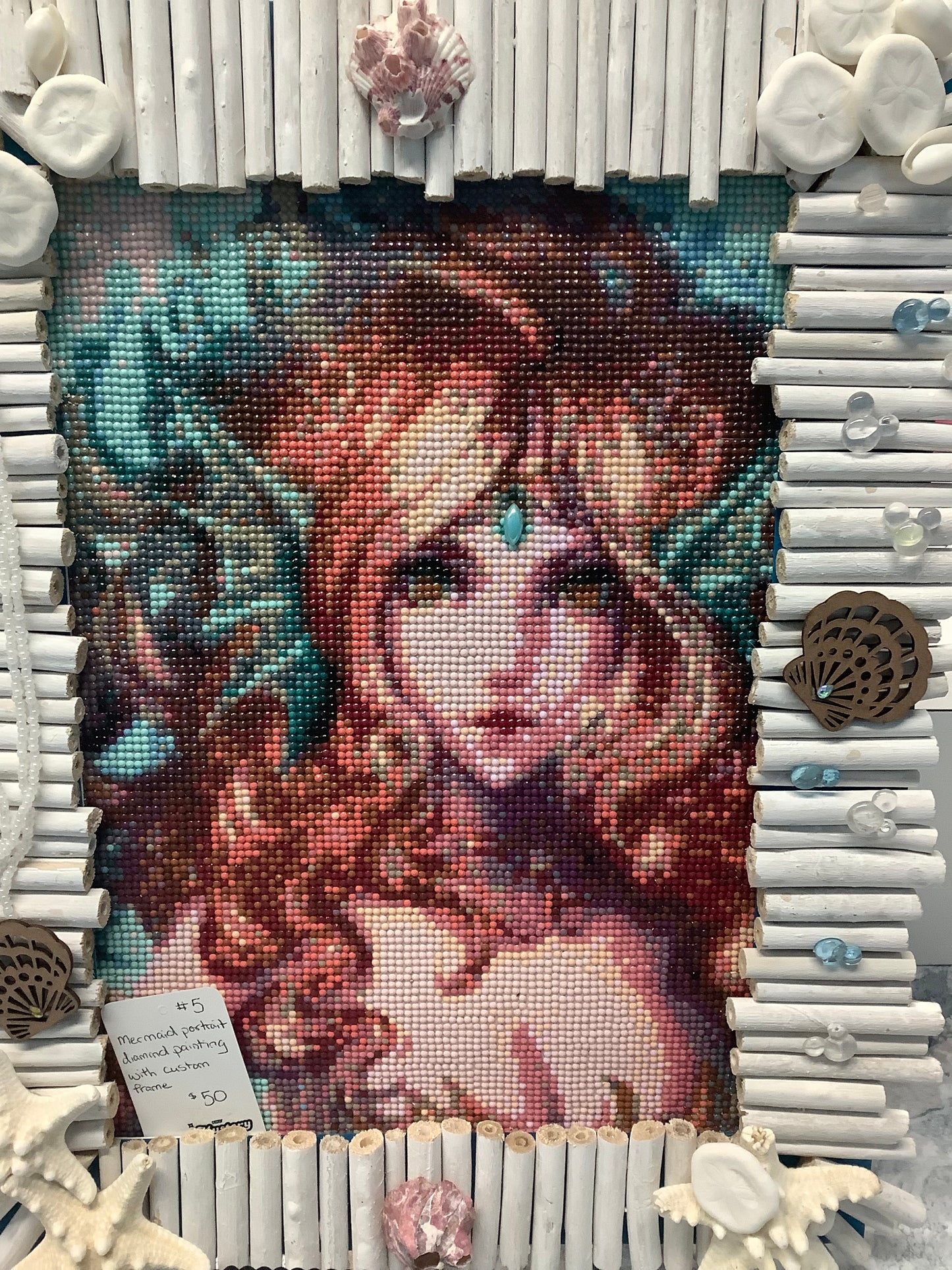 Mermaid portrait, diamond painting with custom frame 