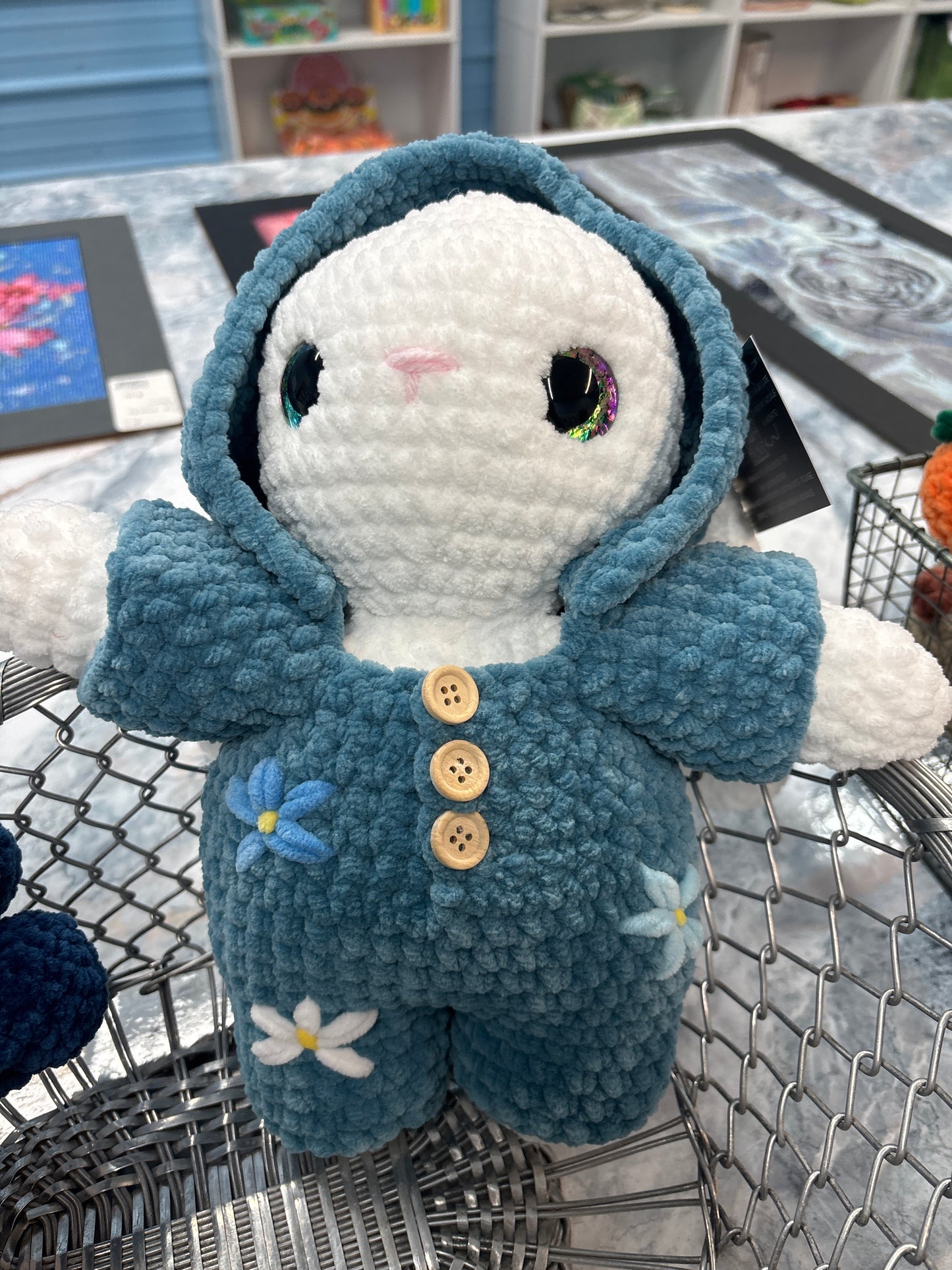 White Bunny with blue onesie