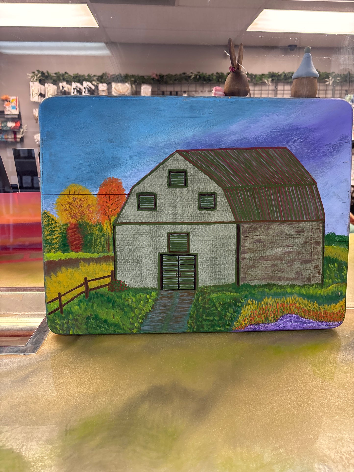 Mixed media barn on wood
