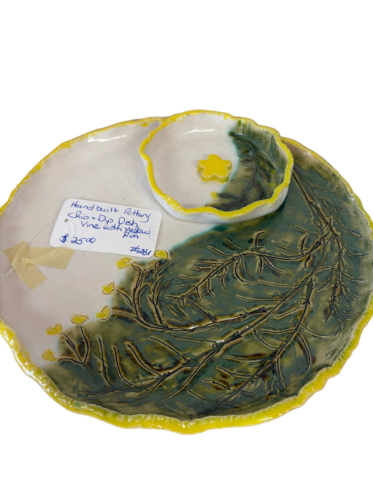 Handmade pottery chip and dish vine with yellow rim