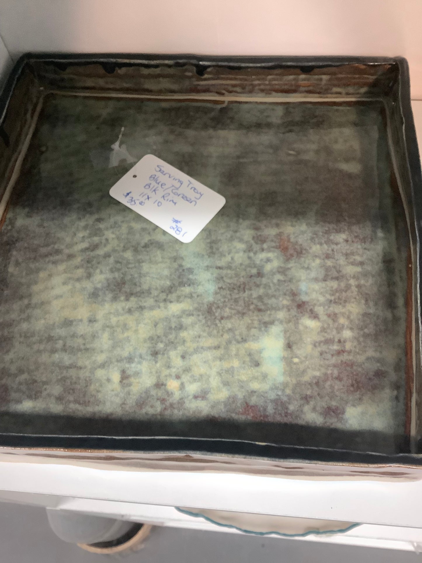 Serving tray blue green with black rim