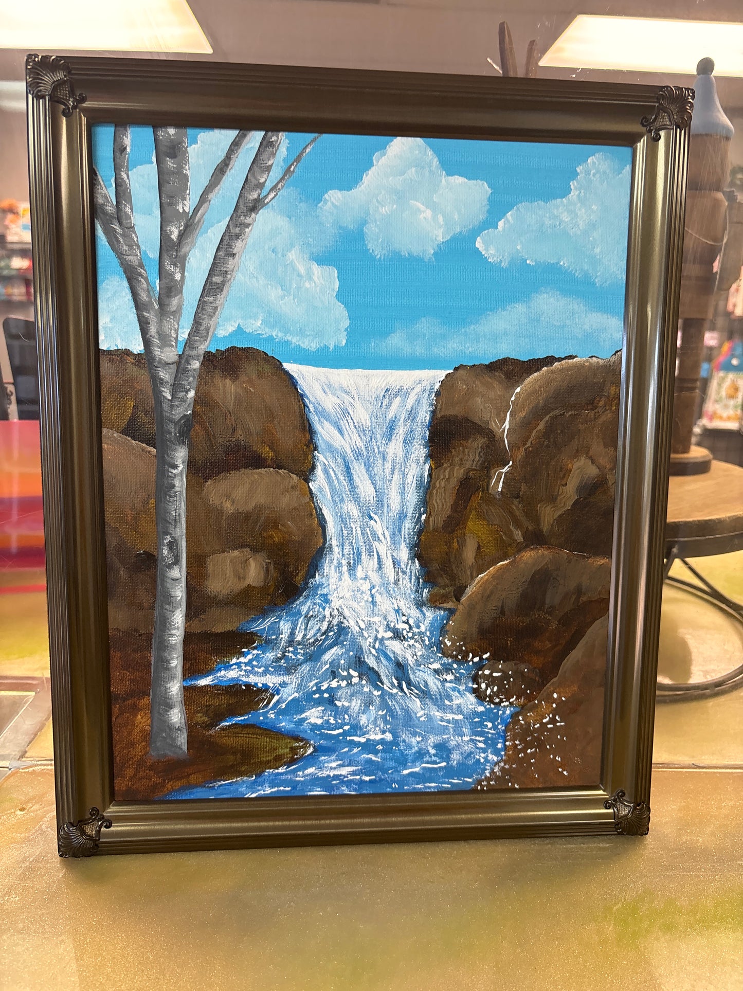 Rock tree Falls- canvasboard framed 13x16