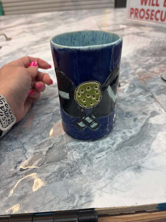 Pickleball coffee cup dark blue with light blue handle