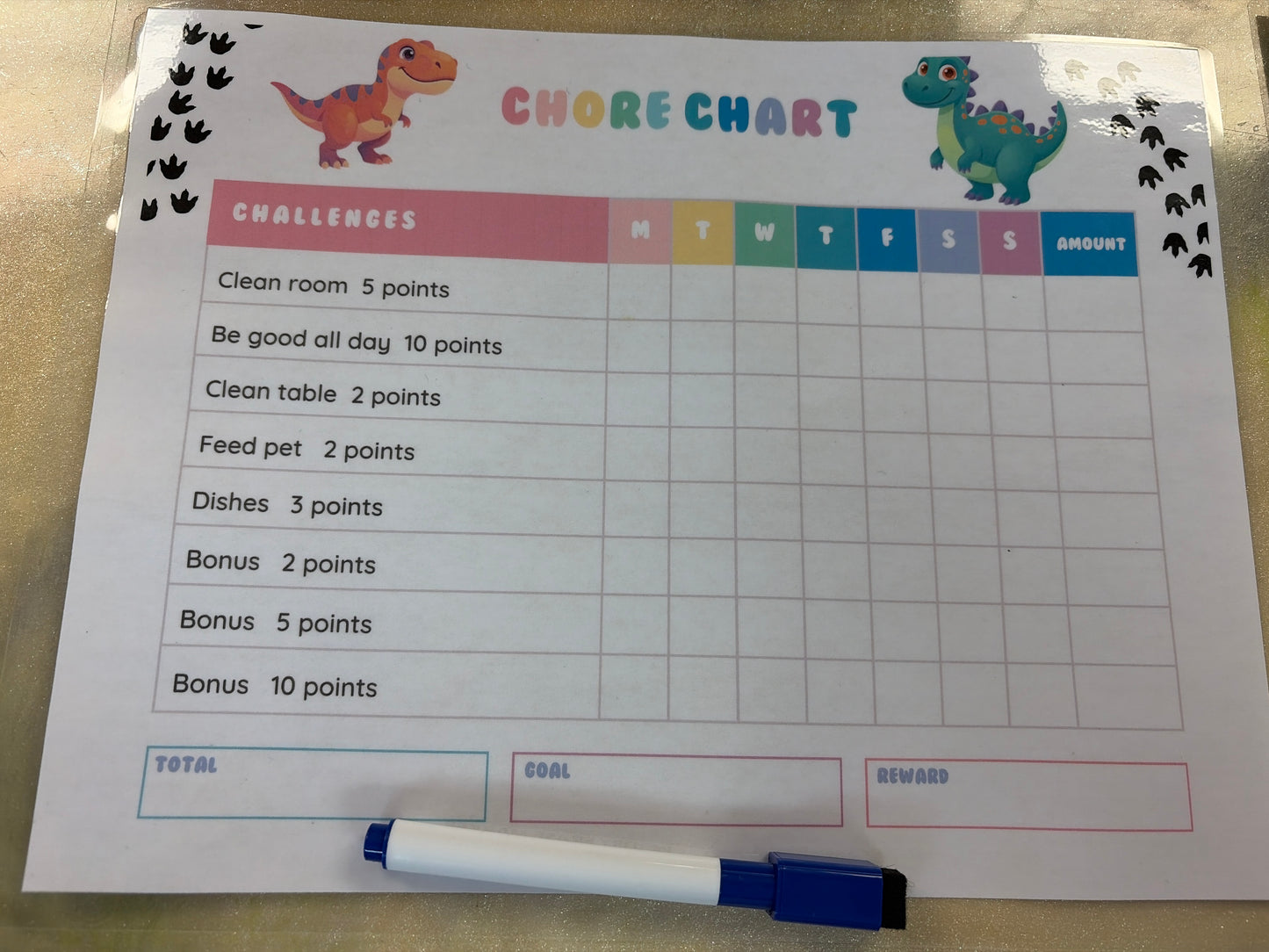Magnetic chore chart with dry erase marker