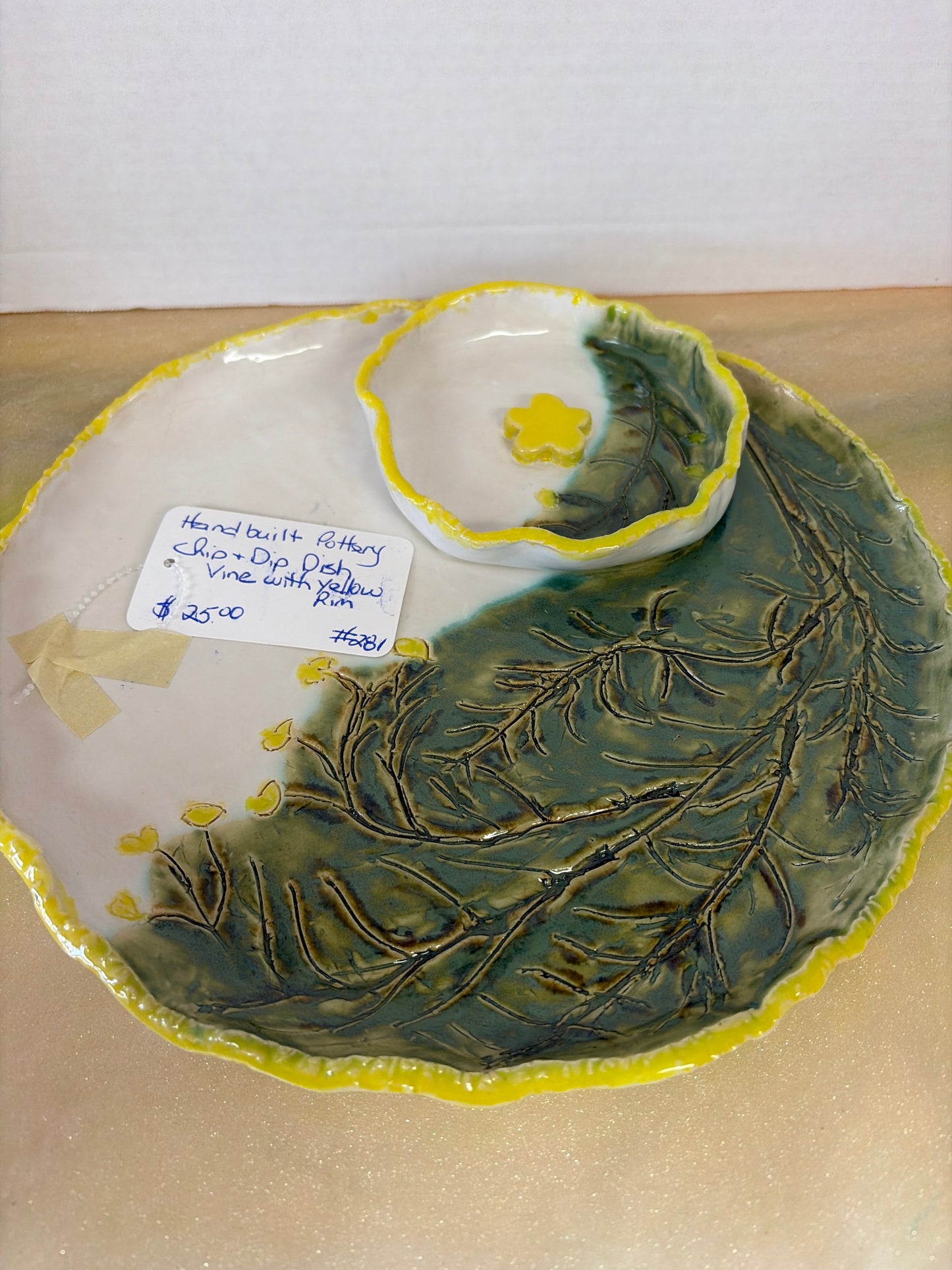 Handmade pottery chip and dish vine with yellow rim