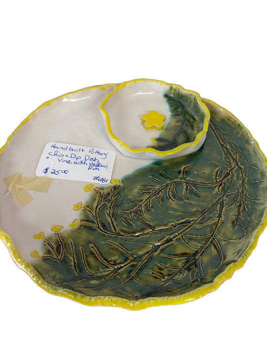 Handmade pottery chip and dish vine with yellow rim