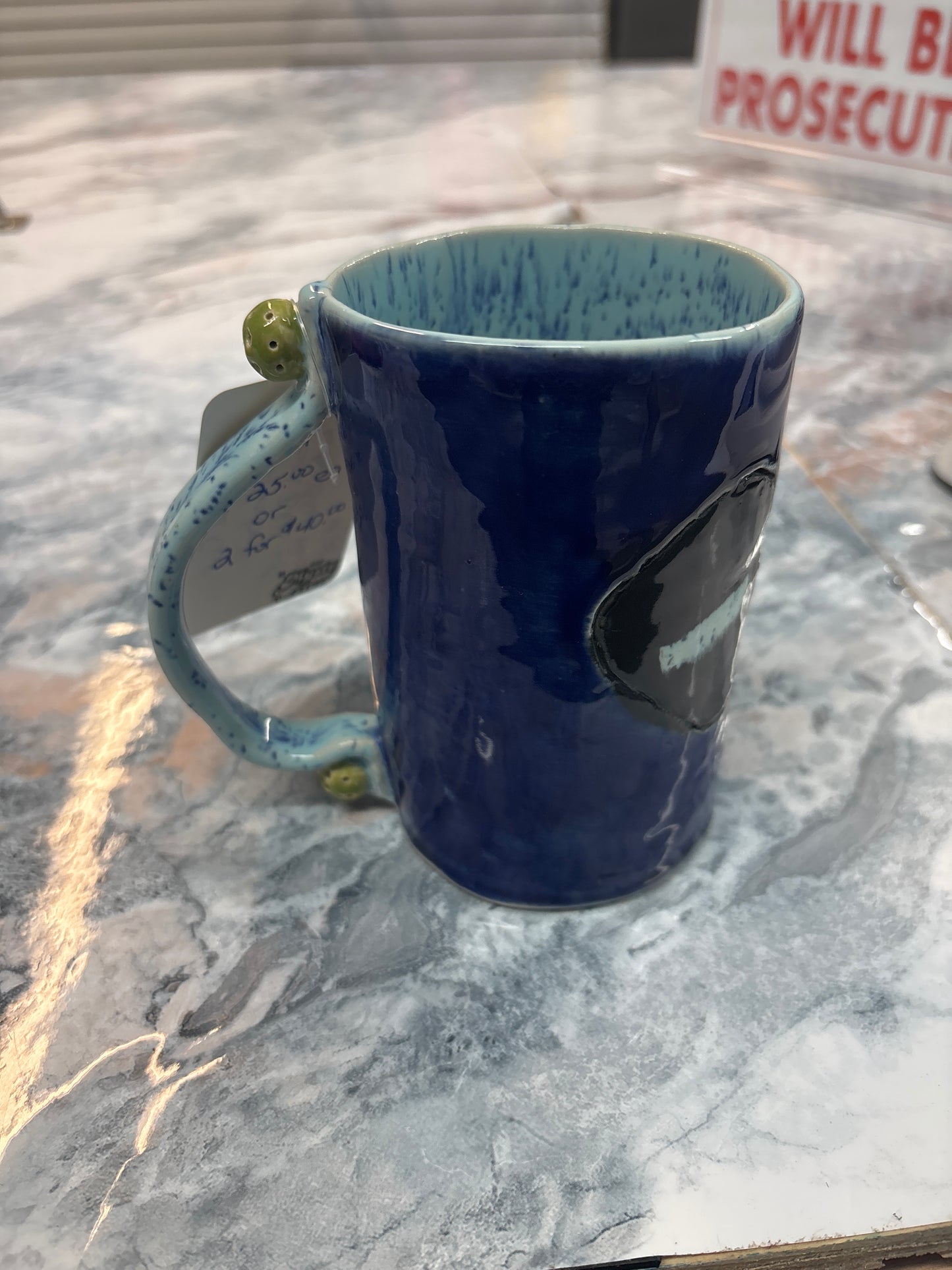 Pickleball coffee cup dark blue with light blue handle