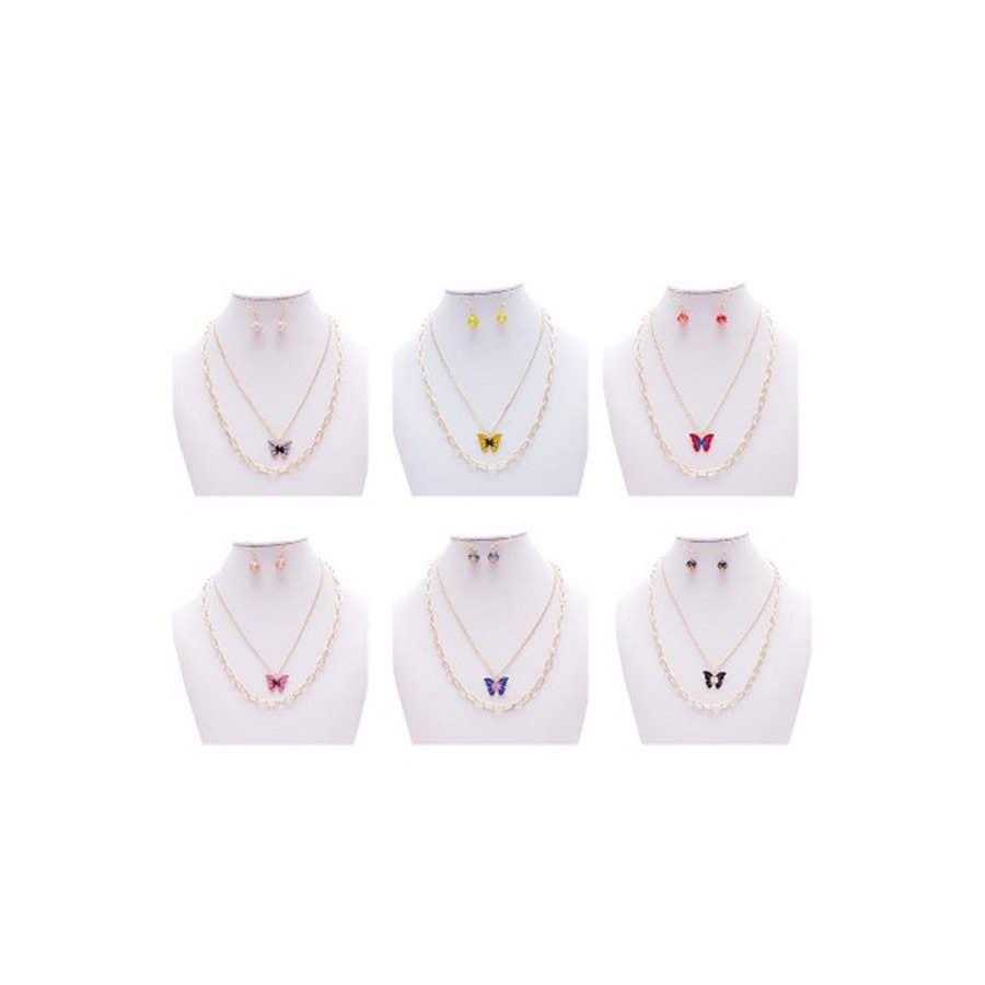 Butterfly Necklace and Earring Set: Mix Colors / ONE SIZE