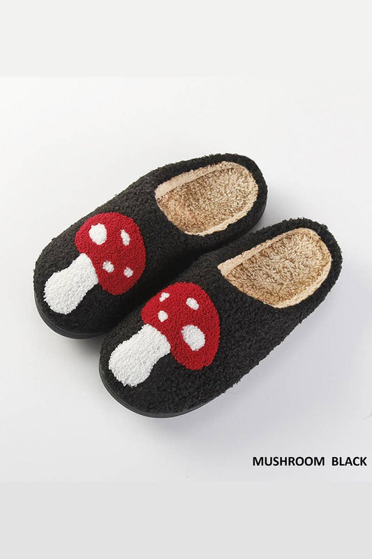 Black Plush Cozy Slippers: MUSHROOMBLACK-163589 / S/M