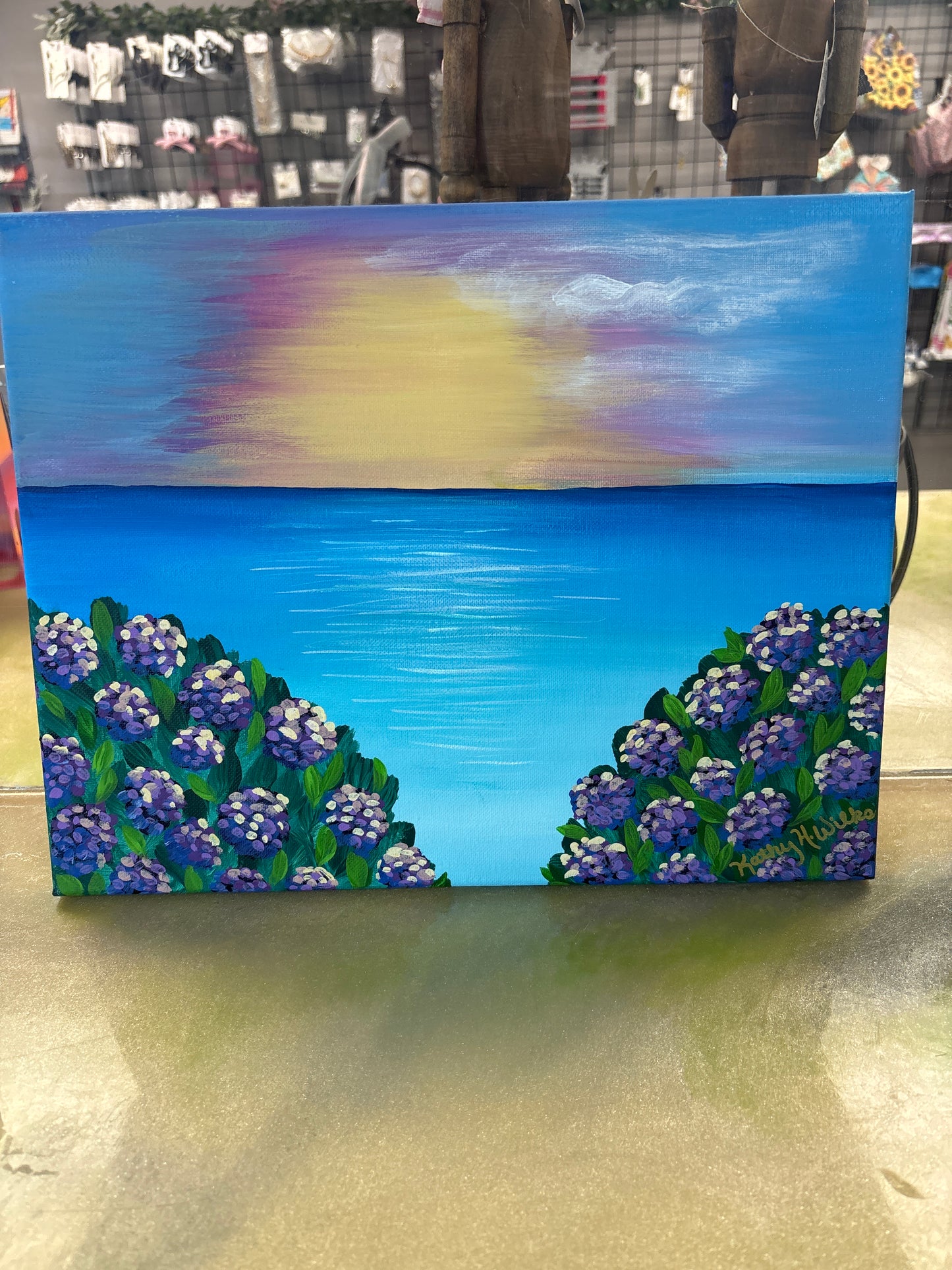 Hydrangeas near water canvas 11x14￼