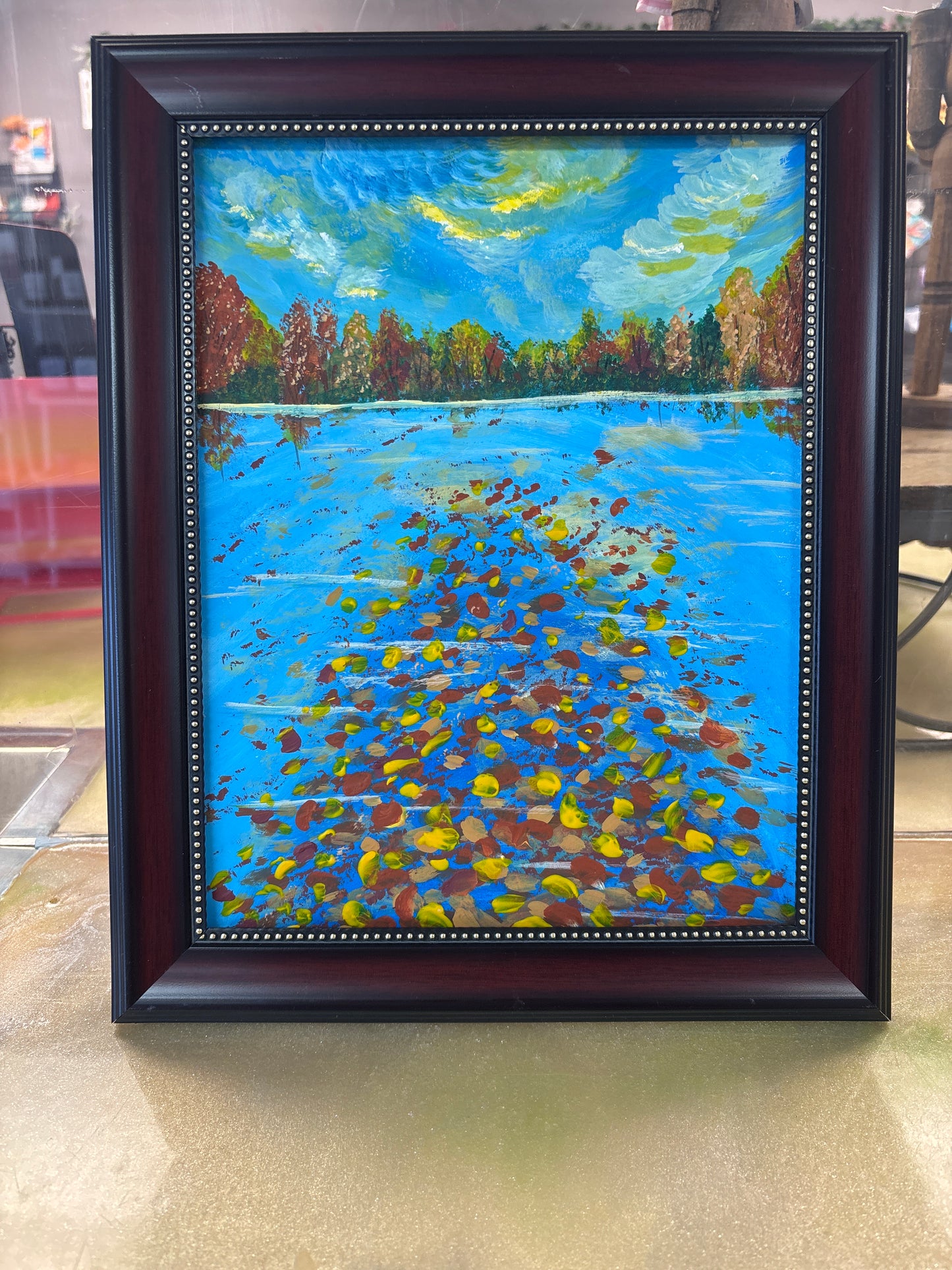 Paper leaves on Lake framed 10x13