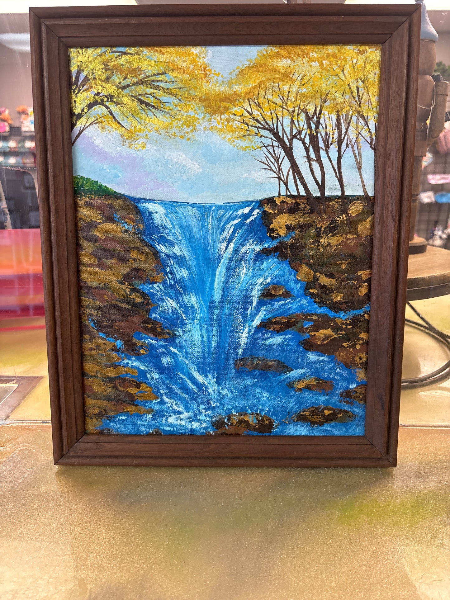 Sunlit trees waterfall canvasboard framed 13x16