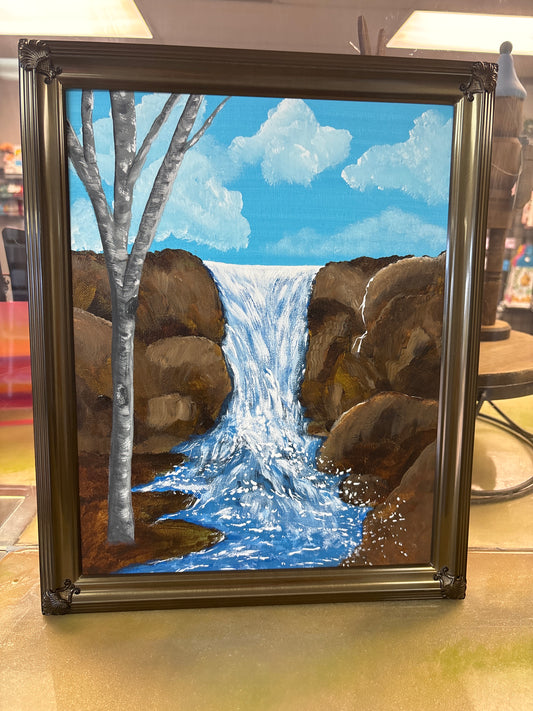 Rock tree Falls- canvasboard framed 13x16