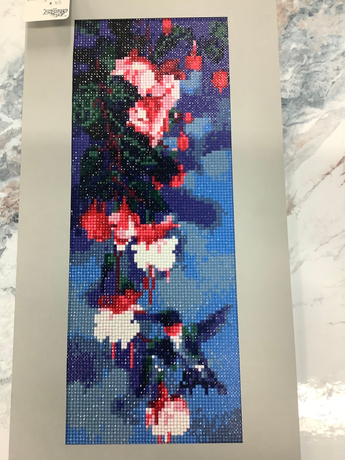 Blue hummingbird with fuchsia blossoms diamond painting