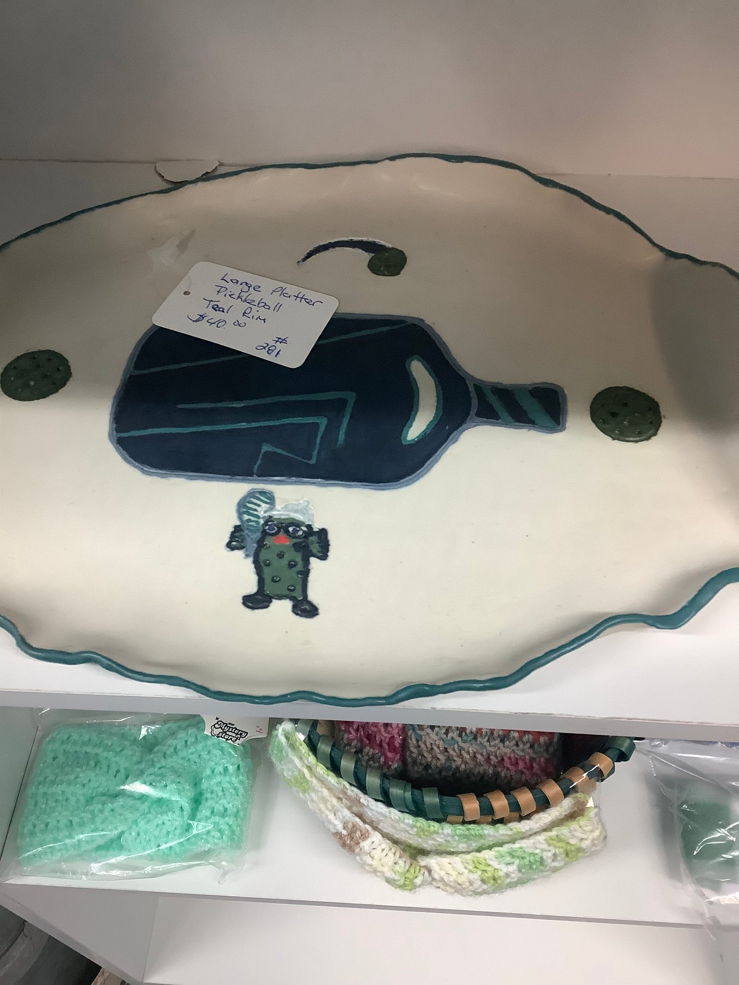 Large platter Pickleball teal rim